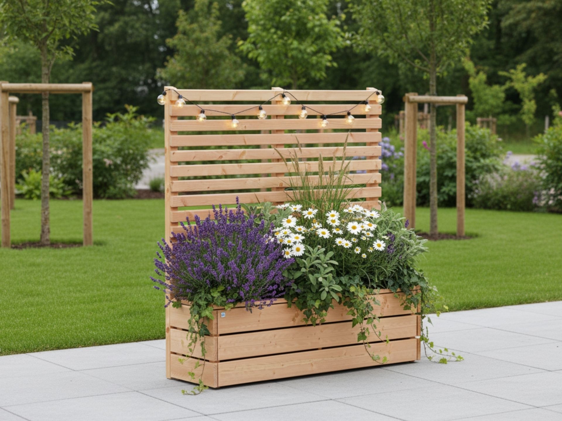 Pflanzkasten Classic 2M mit Sichtschutz A30, üppig bepflanzt und mit Lichterkette dekoriert, stimmungsvoller Sichtschutz für Terrasse oder Garten.