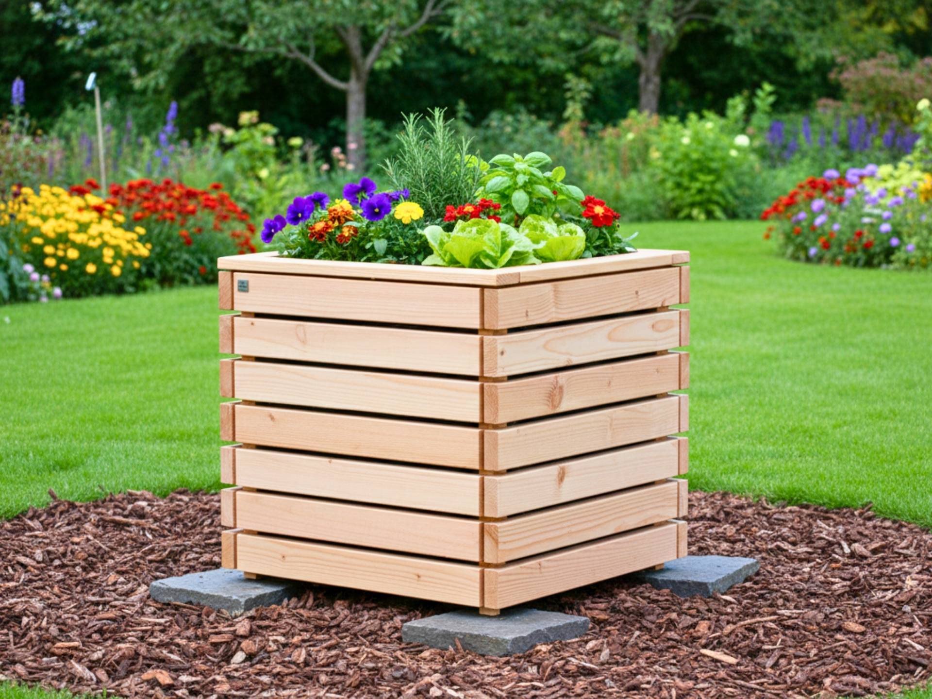 Hochbeet Classic Plus 80×80×65 cm aus Douglasie, ideal für dekorative Bepflanzung mit Kräutern, Stauden oder saisonalen Pflanzen.