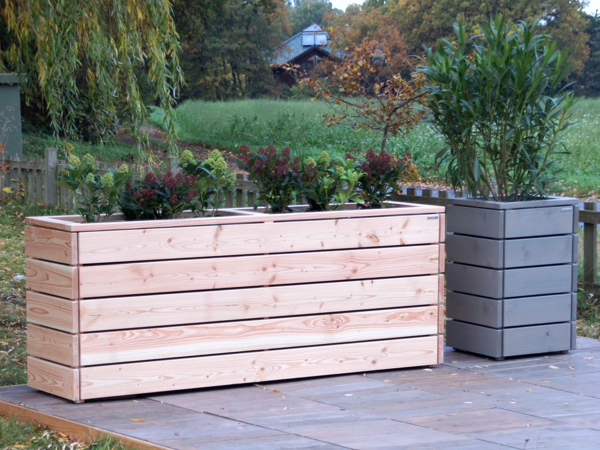 Kombination: Pflanzkasten Douglasie Natur mit grauer Pflanzsäule, bepflanzt