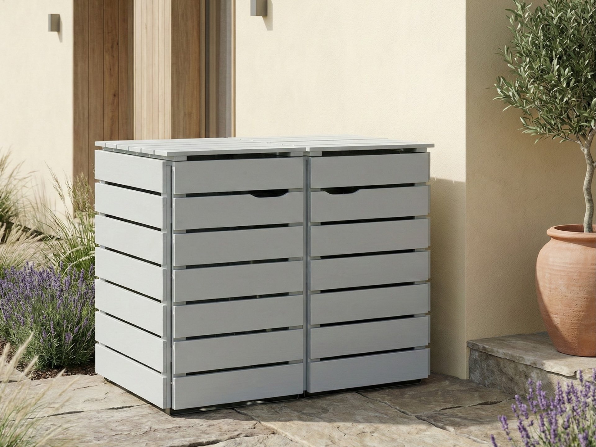 2er Mülltonnenbox Classic 240 L in Lichtgrau zur ordentlichen und dezenten Unterbringung großer Mülltonnen.