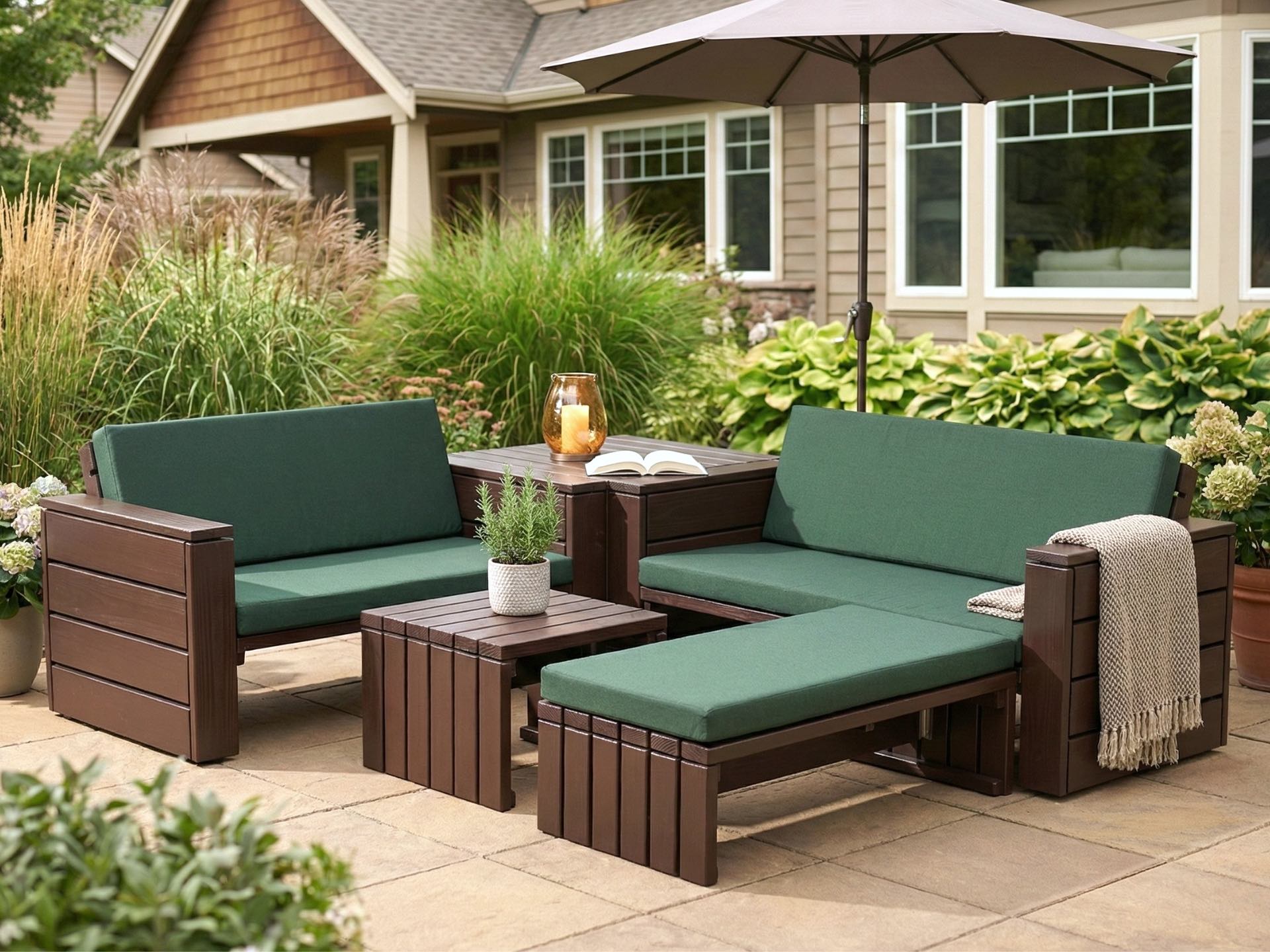 Modulare Loungemöbel-Ecke in Dunkelbraun für eine individuelle Terrassenplanung nach Maß.