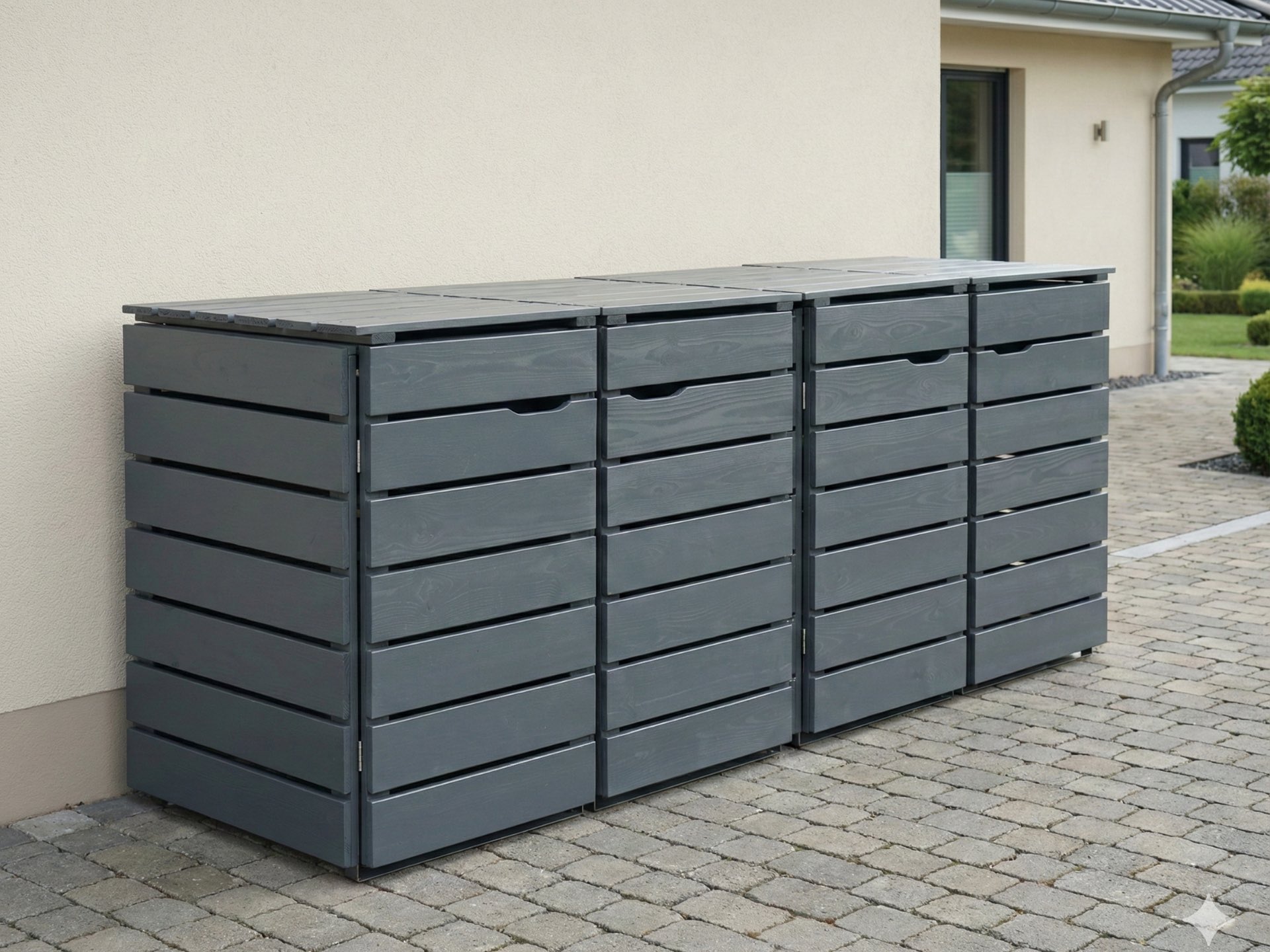 4er Mülltonnenbox 240 L in Basaltgrau, komplett montiert, für eine ordentliche und moderne Gestaltung im Außenbereich.