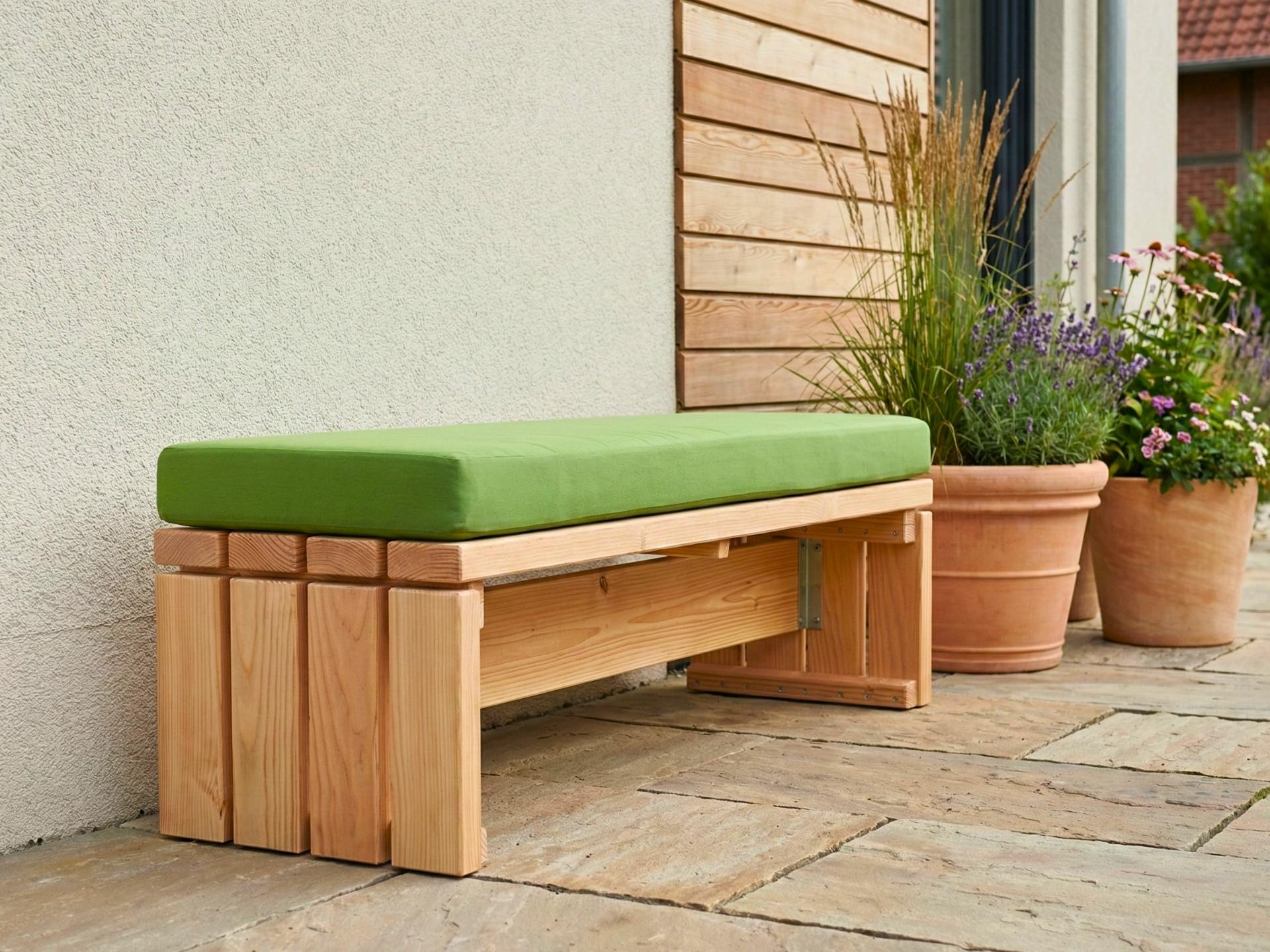 Loungebank aus natur geölter Douglasie mit hellgrünem Polster als platzsparende Sitzbank für kleine Terrassen.