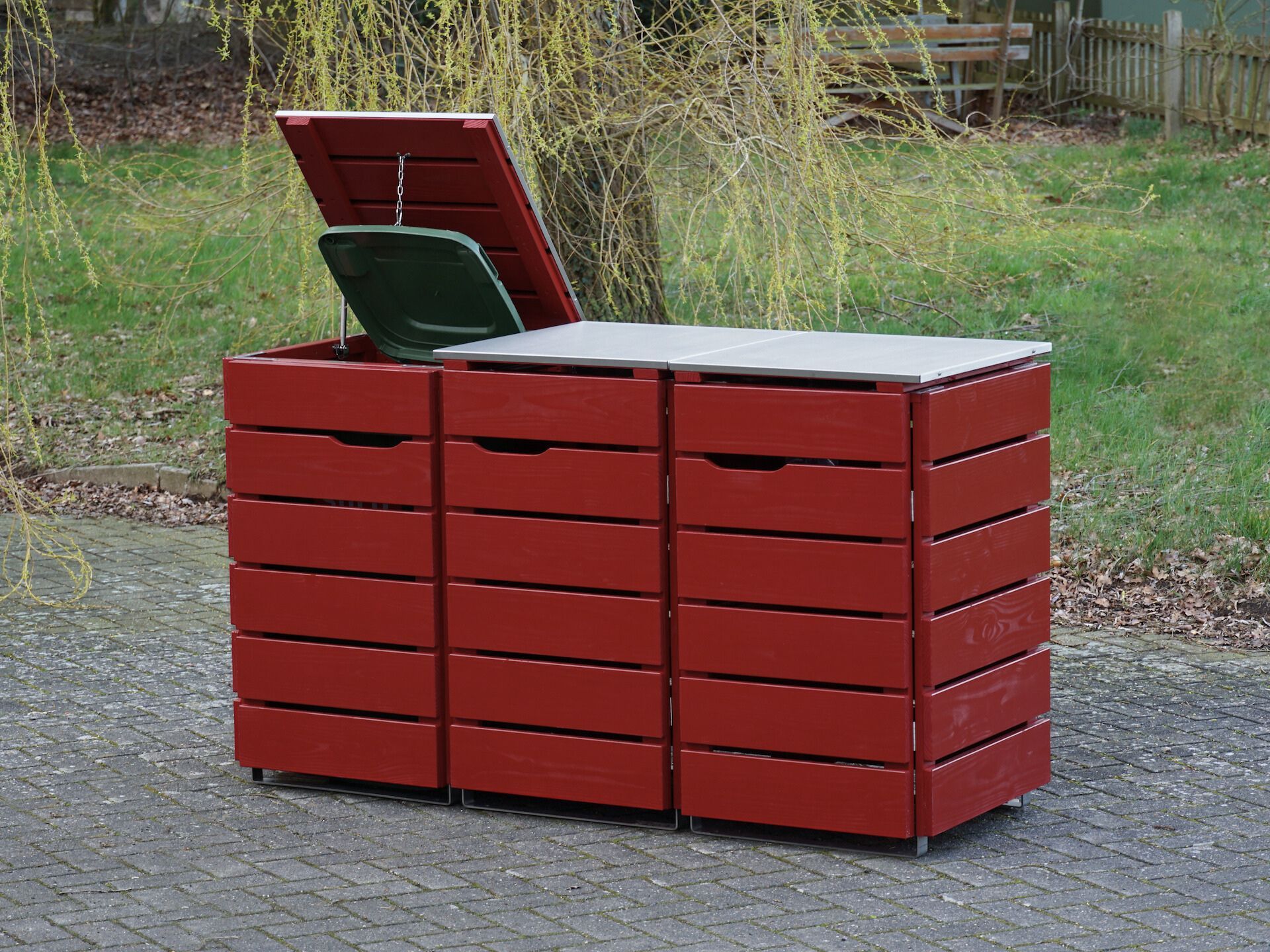 3er Mülltonnenbox Rot Holz + Edelstahl I BRUNS